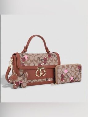 NWT Brown/Tan Cherry Monogram Handbag w/Crossbody Strap and Wallet & Dog Charm